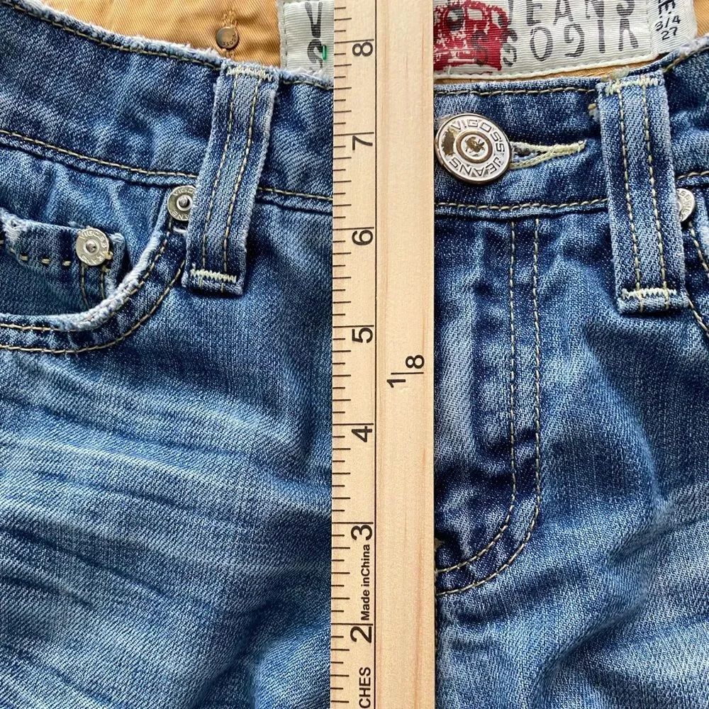 Vigoss Jeans Women's Size 3/4 (27) Distressed Blue Denim Raw Hem Y2K Mcbling